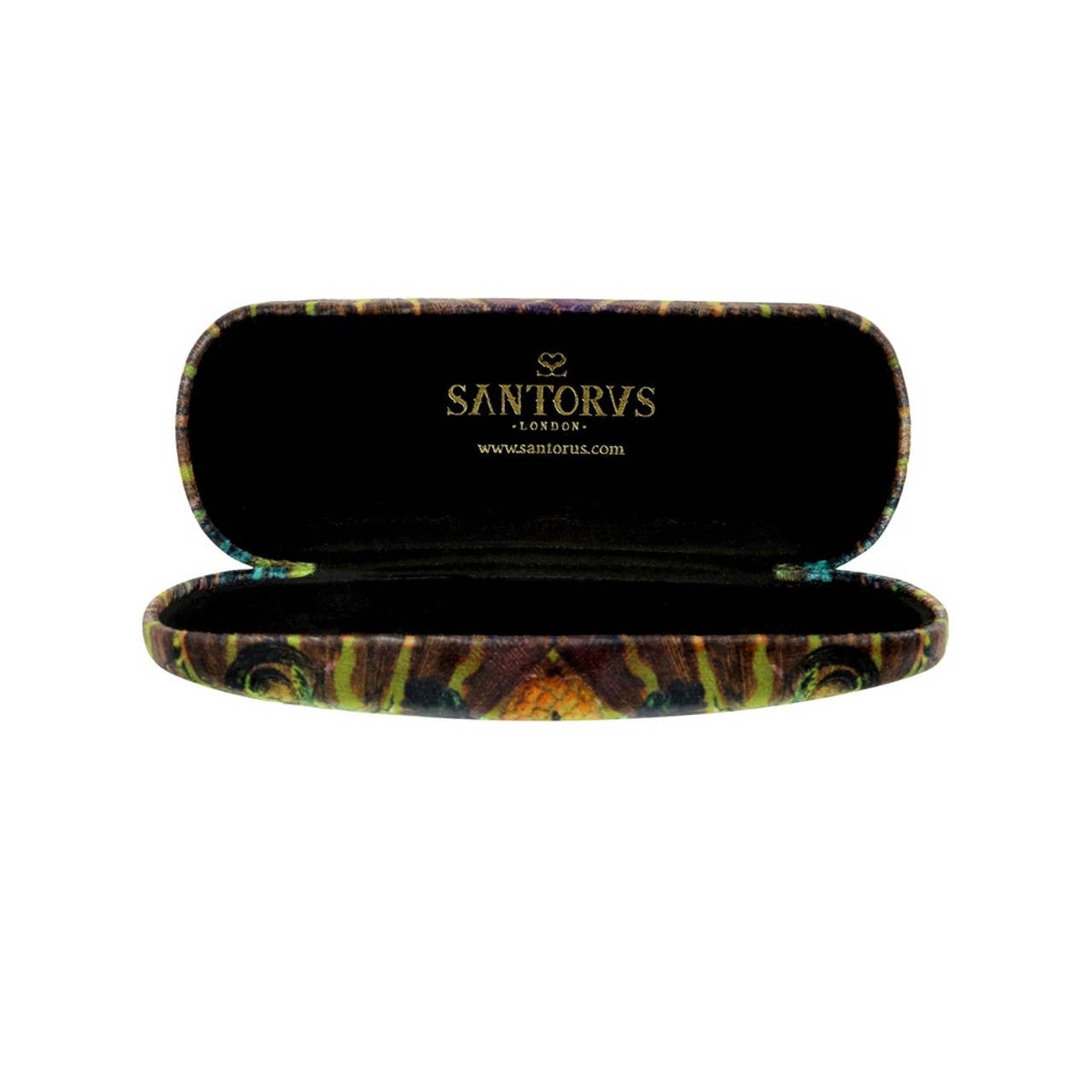 Santorius glasses case  open with colorful design on a white background