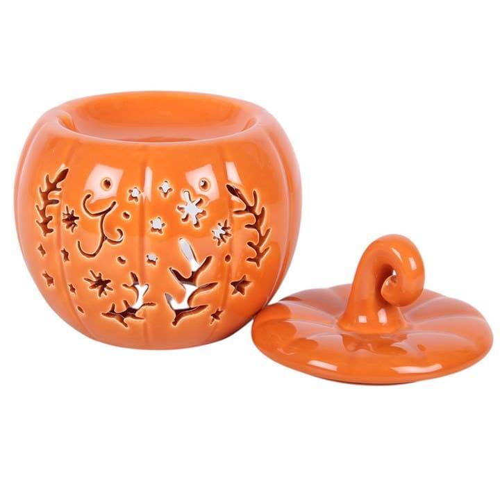 Orange Folk Pumpkin Halloween Oil Burner and Wax Warmer with lid off