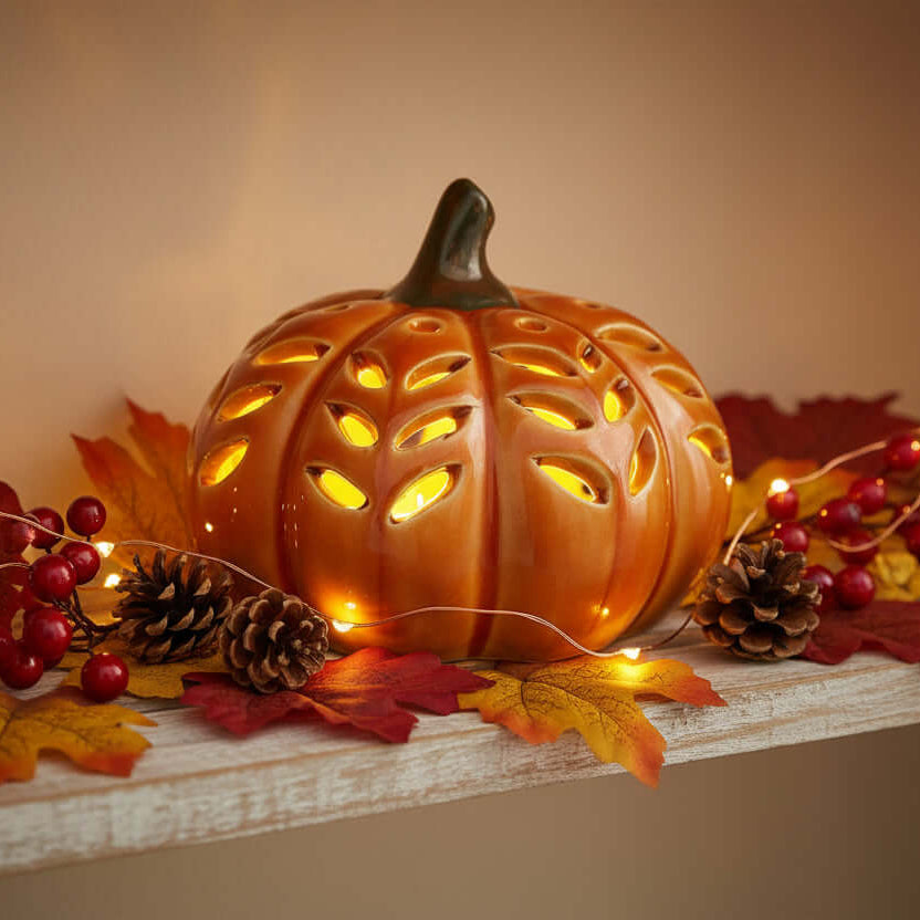 Decorative pumpkin with cut-out design on a shelf with autumn leaves and pine cones