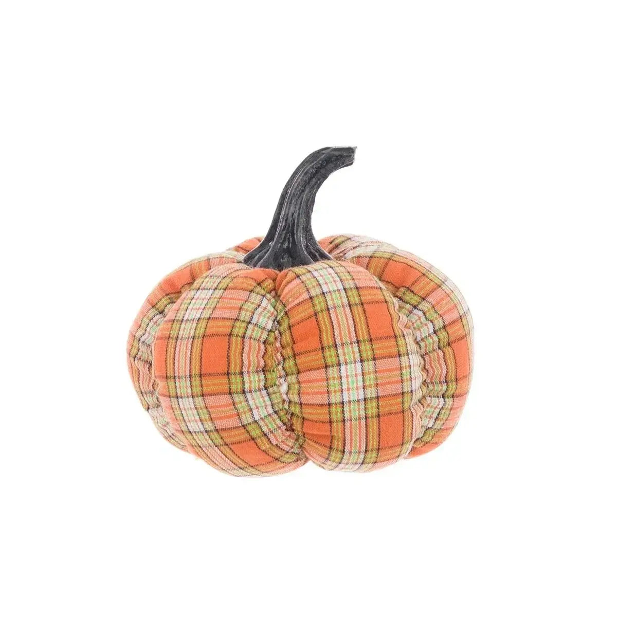 A decorative fabric pumpkin with a plaid pattern in orange, yellow, green, and white, featuring a dark gray faux stem, isolated on a white background.