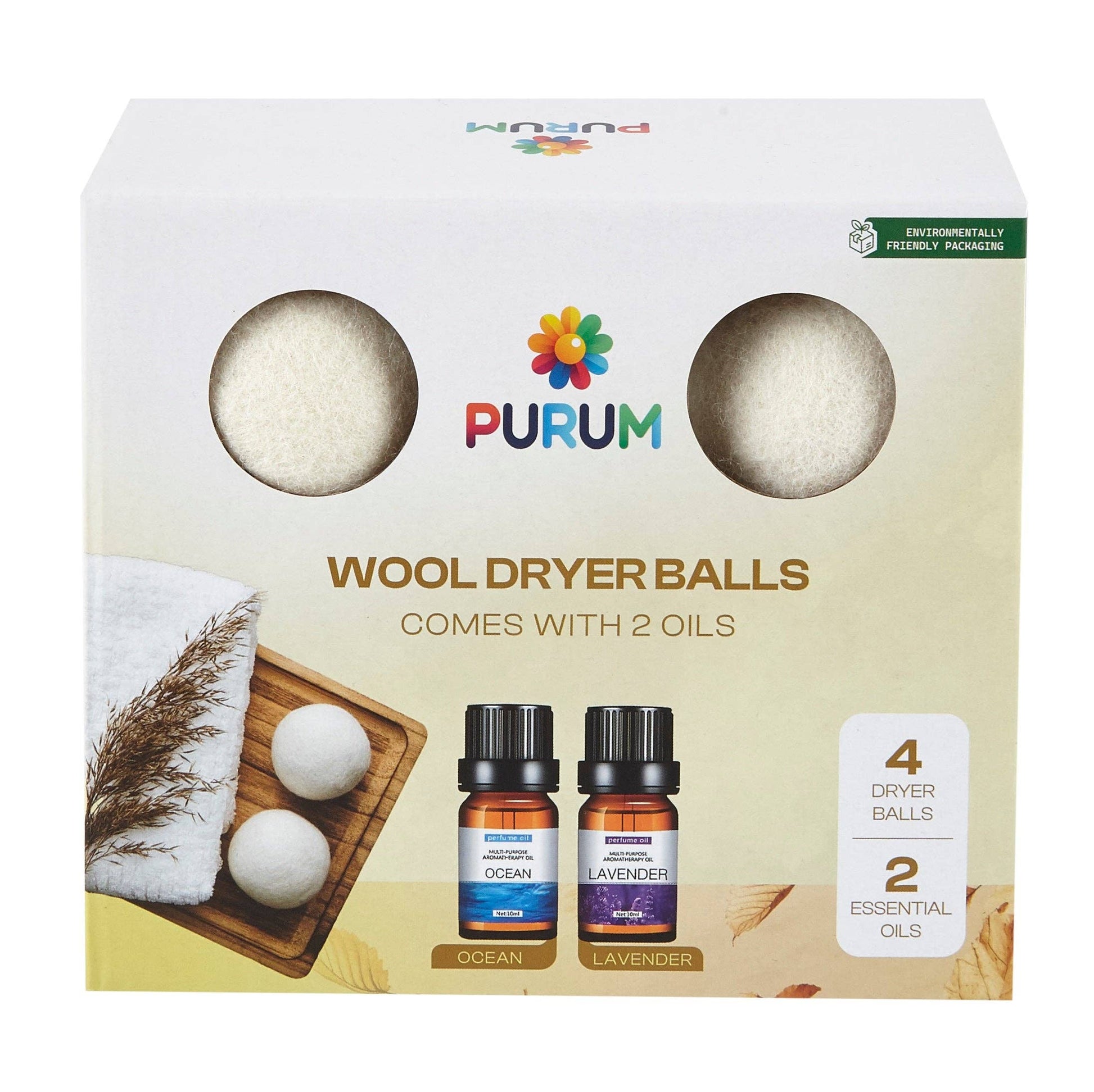 Box of Purum wool dryer balls with essential oils on a white background