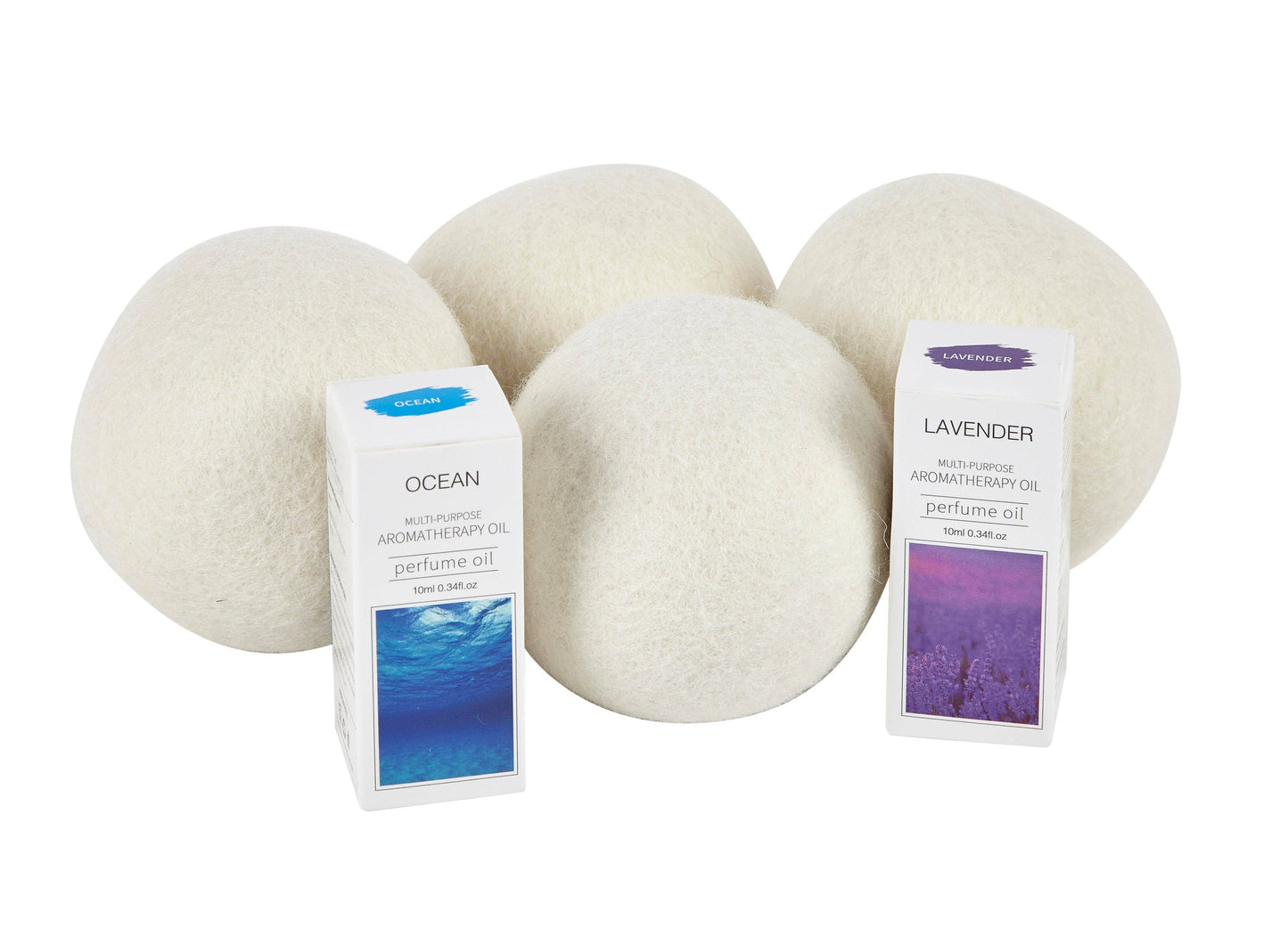 Four spherical wool dryer balls with two boxes labeled 'Ocean' and 'Lavender' on a white background.