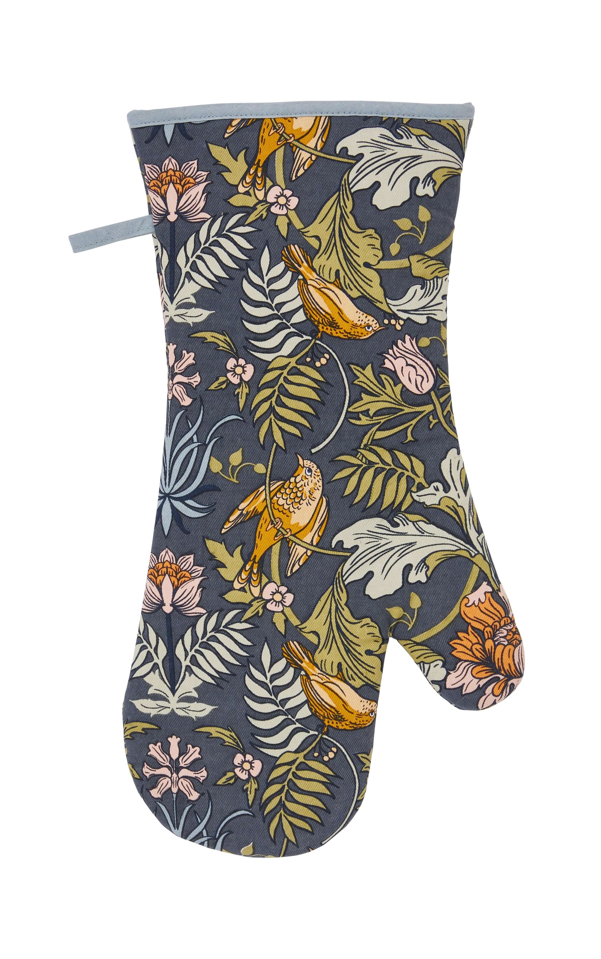 Oven mitt with floral and bird design on a white background