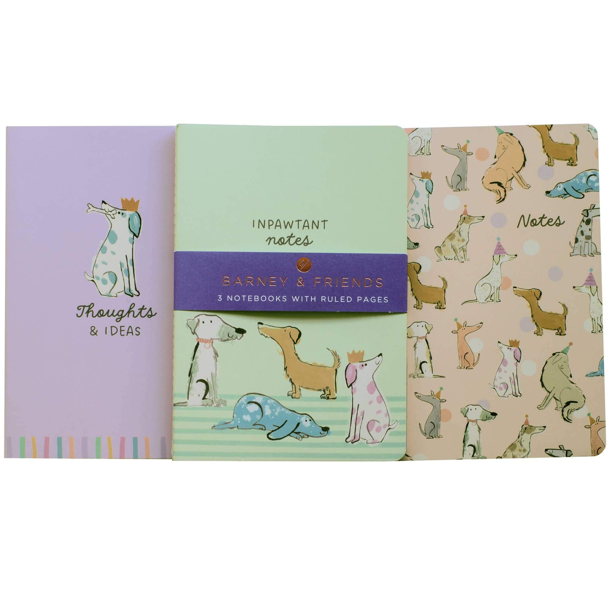 Three notebooks with different dog designs on a white background