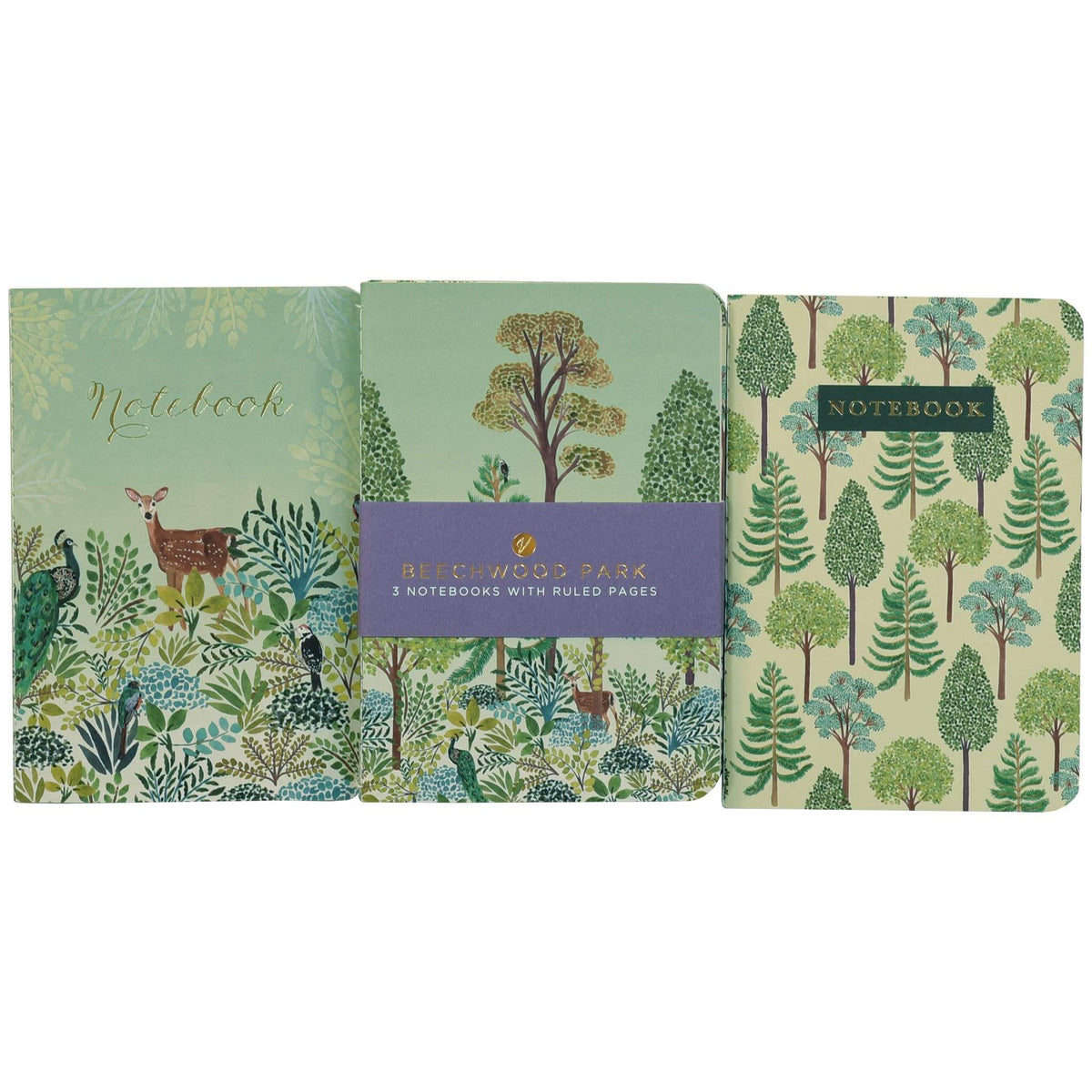 A set of three illustrated notebooks displayed side-by-side against a white background. The left notebook features a sage green cover with a deer and foliage; the middle notebook has a purple paper band label; the right notebook has a green and beige tree pattern.