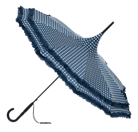 Pagoda style stick umbrella in navy spots with frill