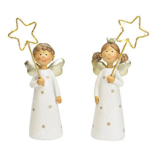 Two angel figurines holding gold stars on a white background