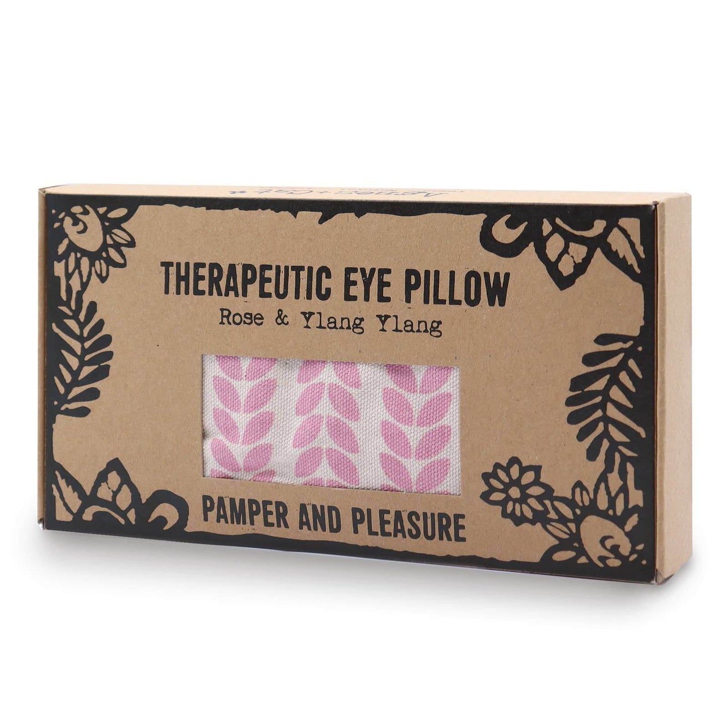 Brown box with window showing eye pillow inside
