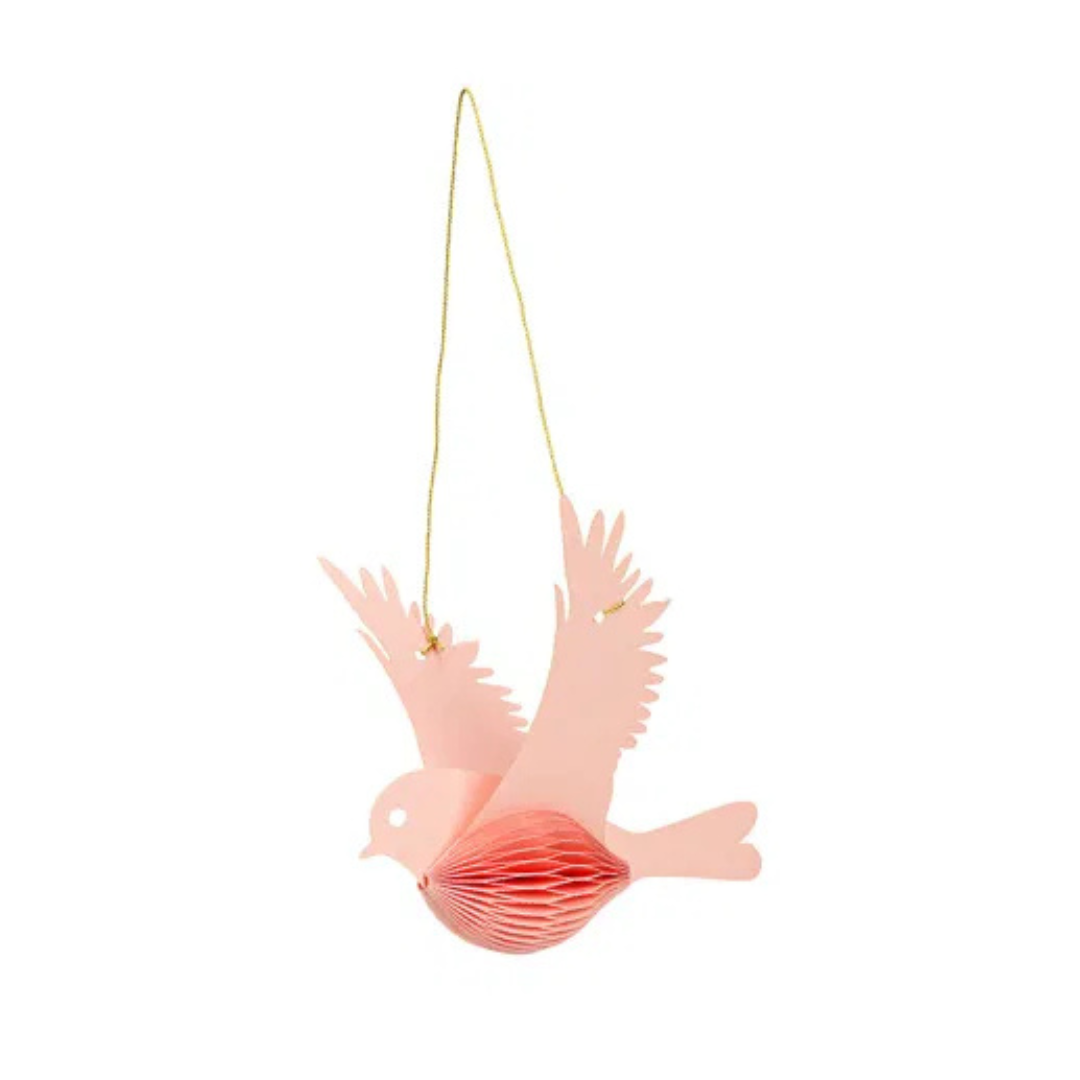 Pink bird-shaped decorative hanging item on a white background