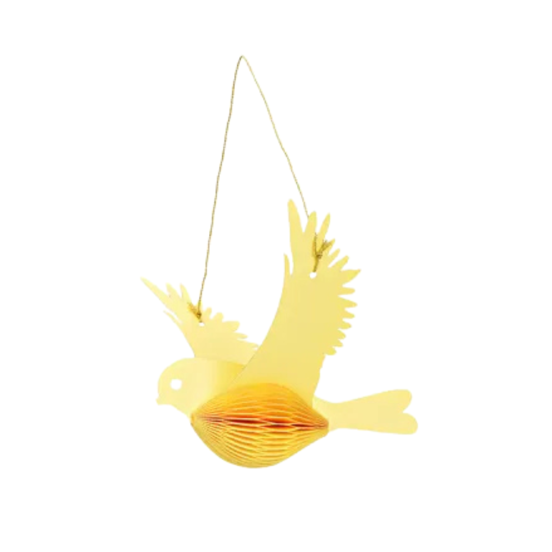 Yellow bird-shaped decorative item on a white background