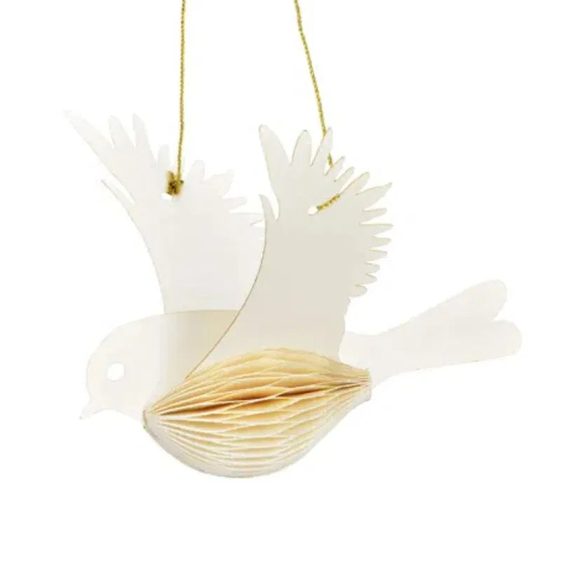 Decorative white dove ornament with a beige beak on a white background