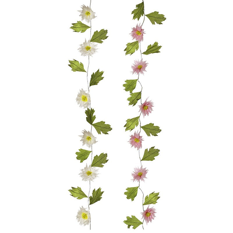 Artificial flower garland with green leaves and pink and white flowers on a white background