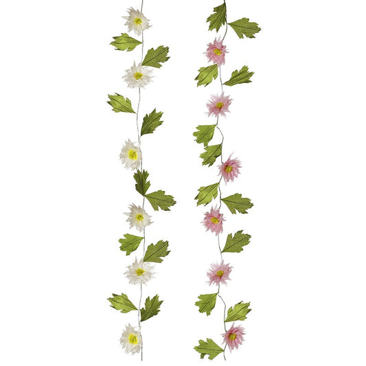 Artificial flower garland with green leaves and pink and white flowers on a white background