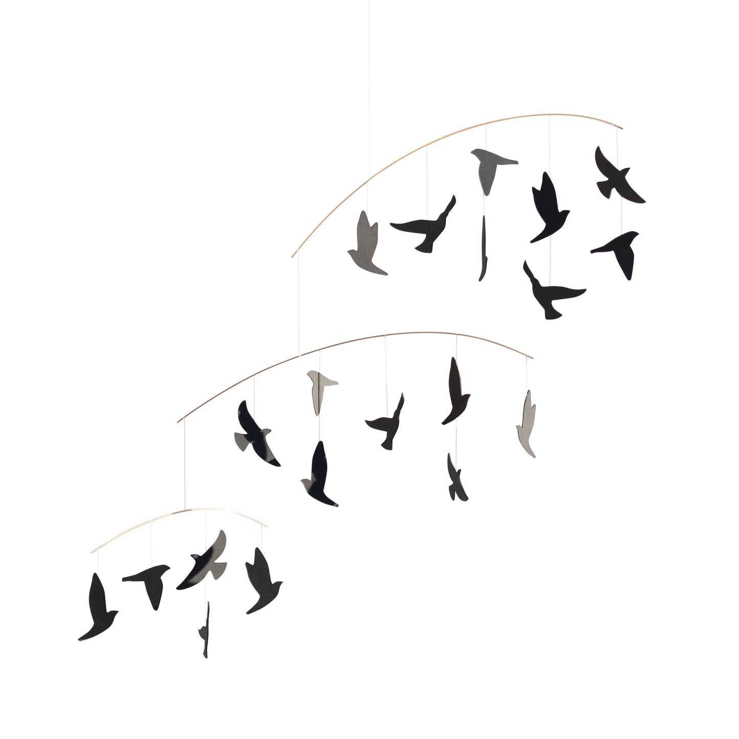 Decorative hanging art with black and gray birds in a circular arrangement on a white background