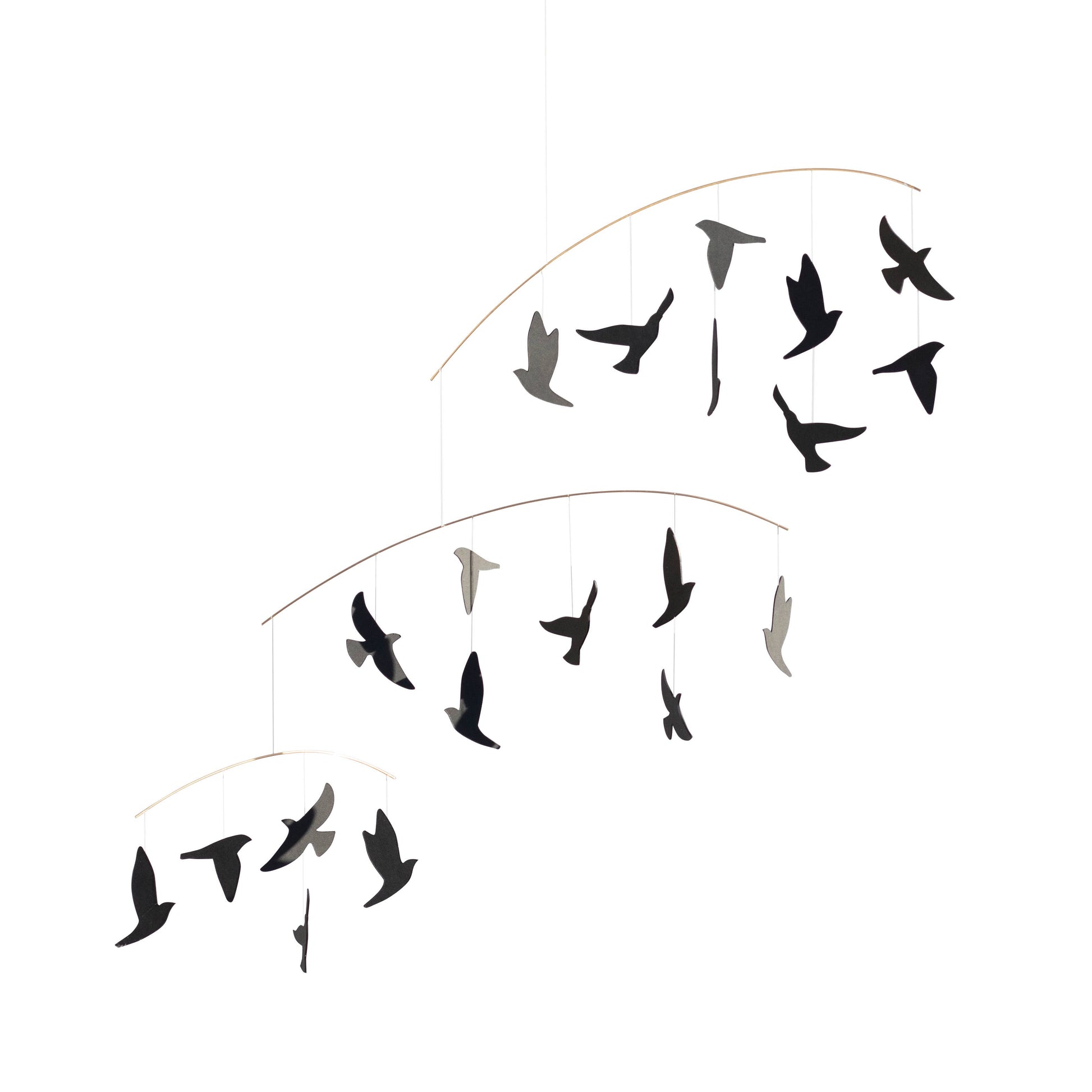 Decorative hanging art with black and gray birds in a circular arrangement on a white background