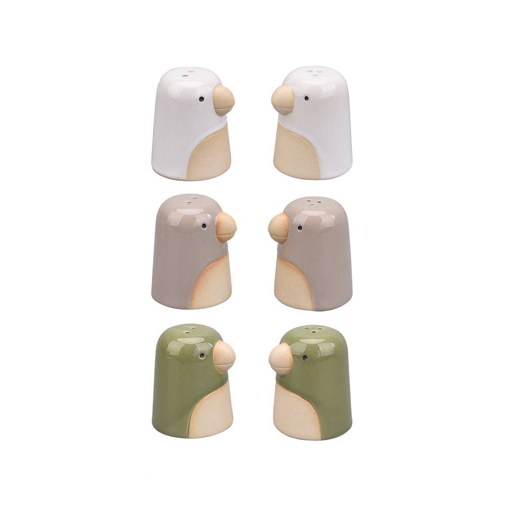 Set of six bird-shaped salt and pepper shakers on a white background