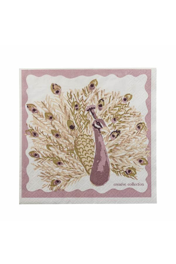 Peacock feather design on a pink background with 'creative collection' text.