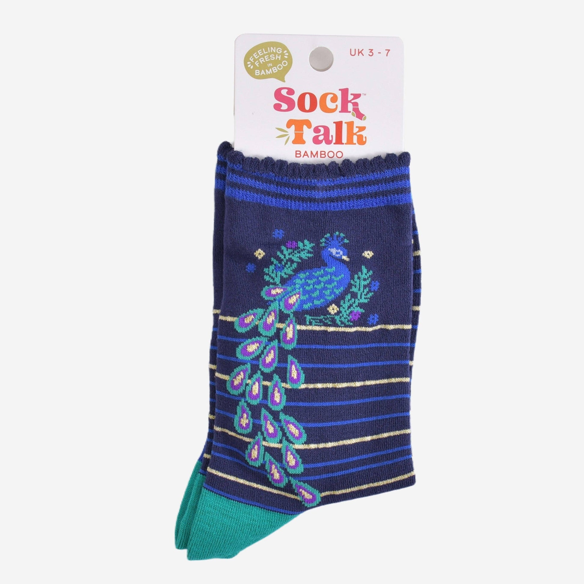 Navy sock with peacock design and 'Sock Talk' packaging on a white background