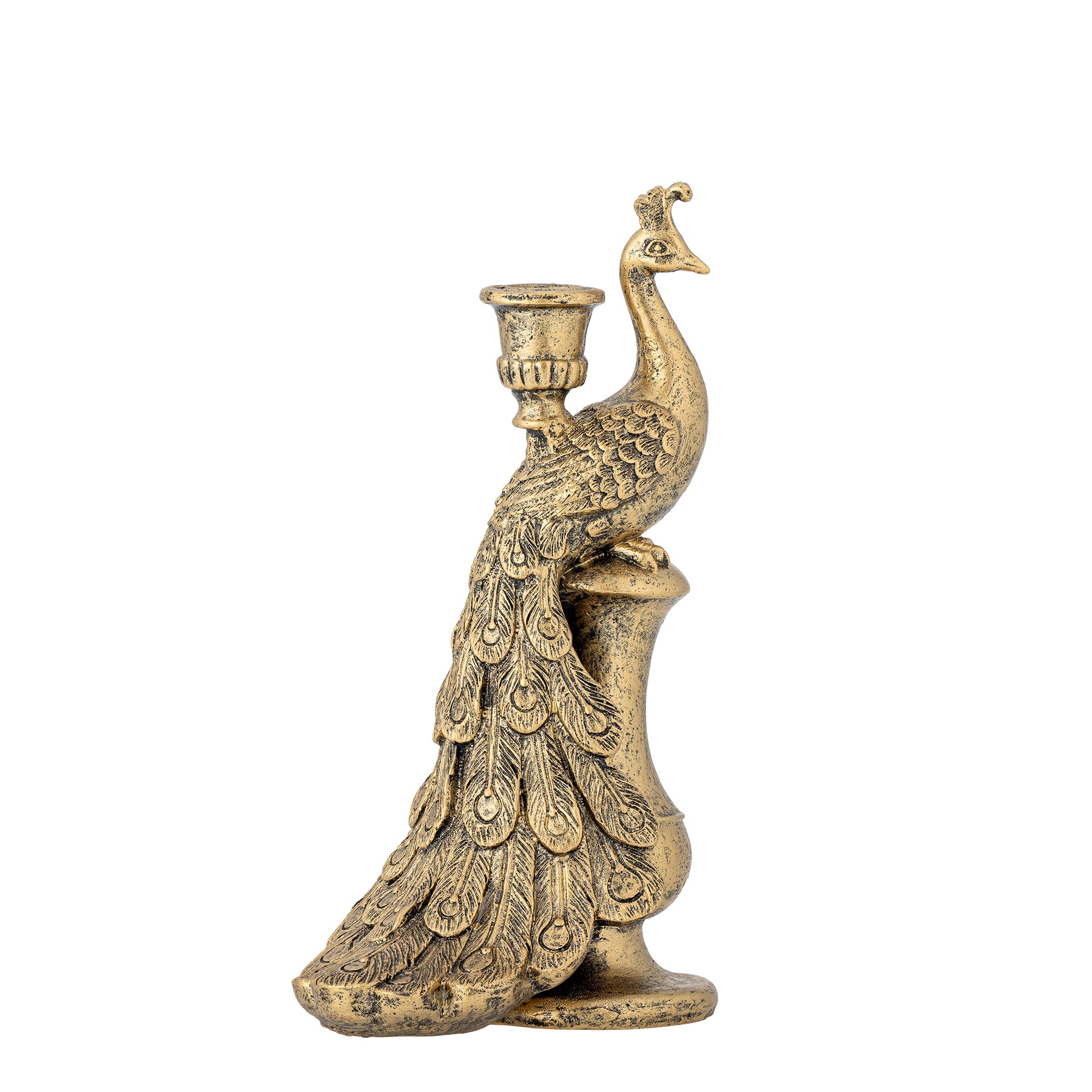 Resin gold coloured peacock candle holder on a white background