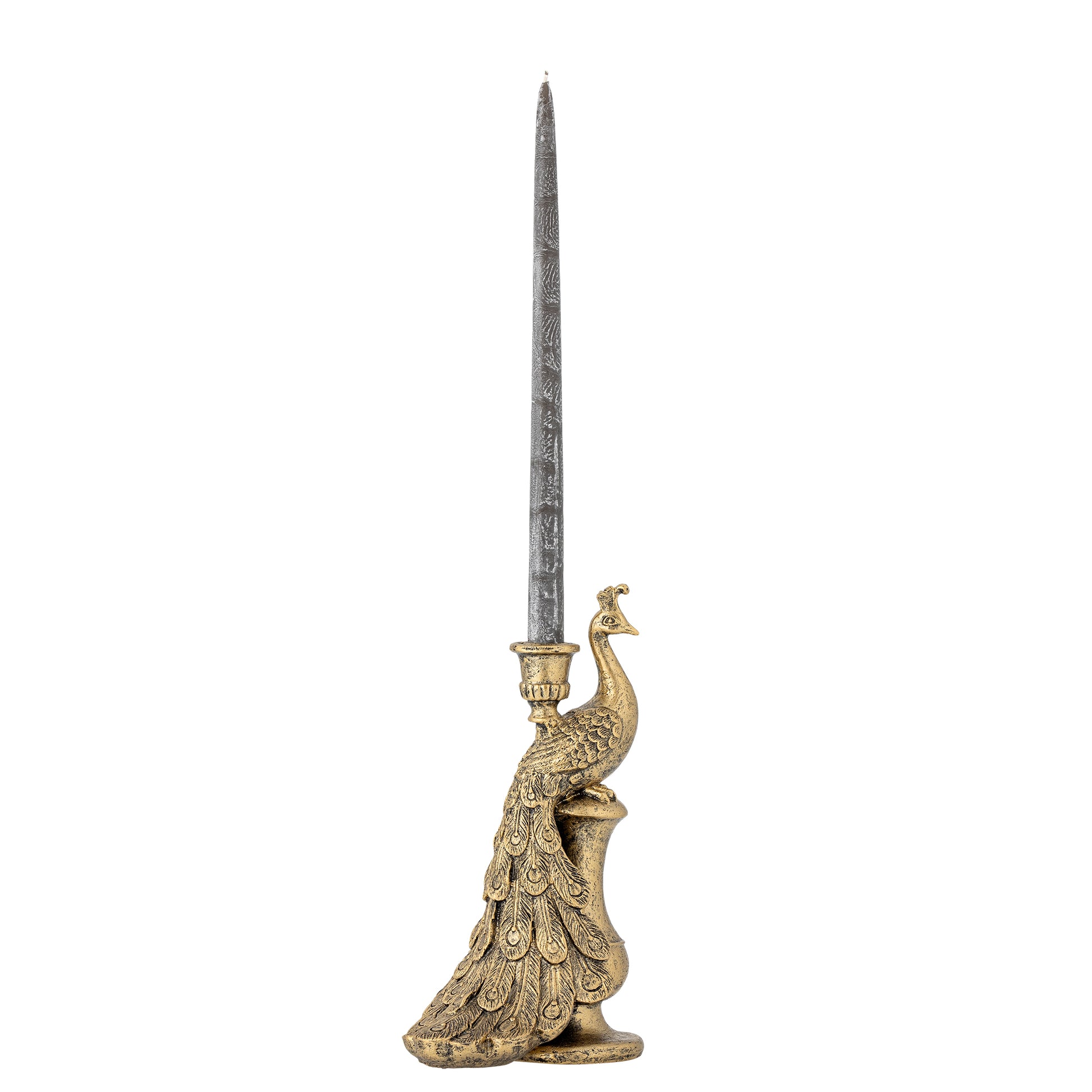 Decorative peacock-shaped candle holder with a candle on a white background