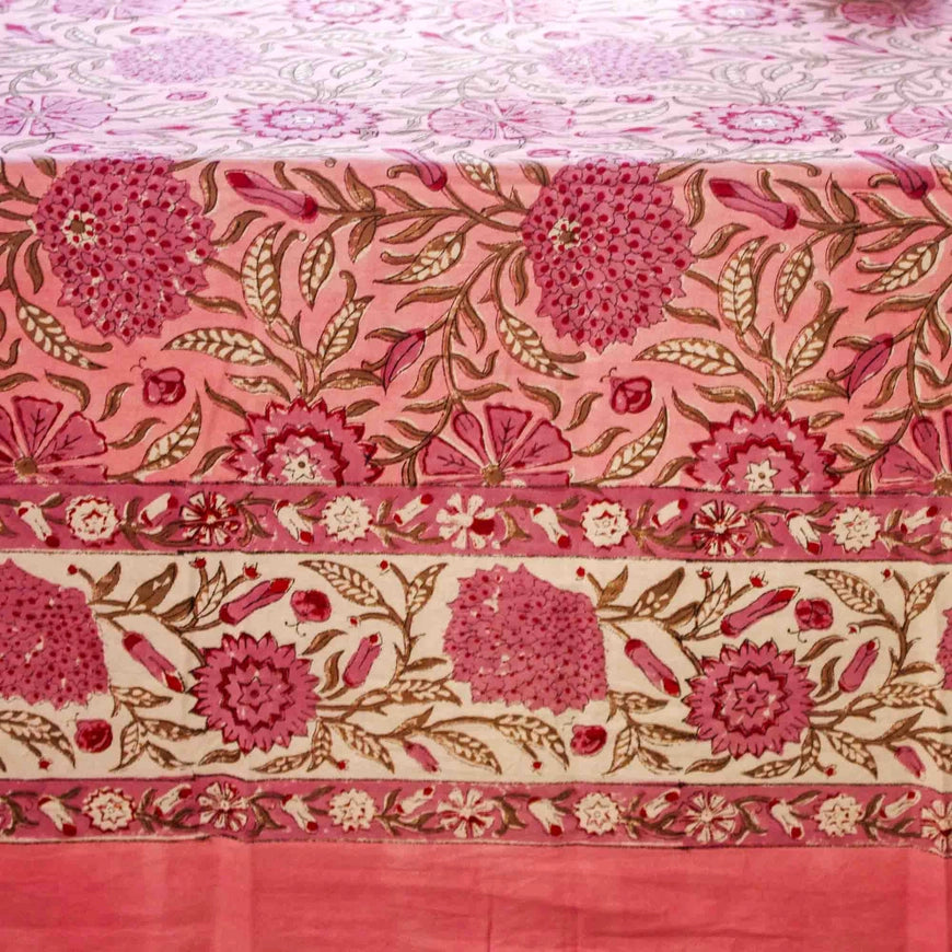 Pink Floral - 6 Seater Block Printed Rectangular Tablecloth