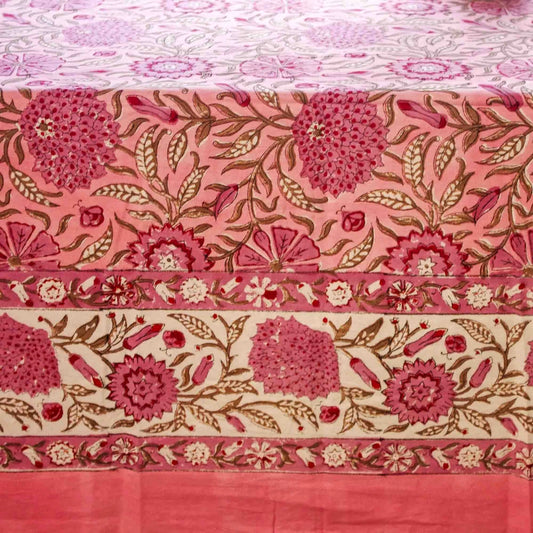 Pink Floral - 6 Seater Block Printed Rectangular Tablecloth
