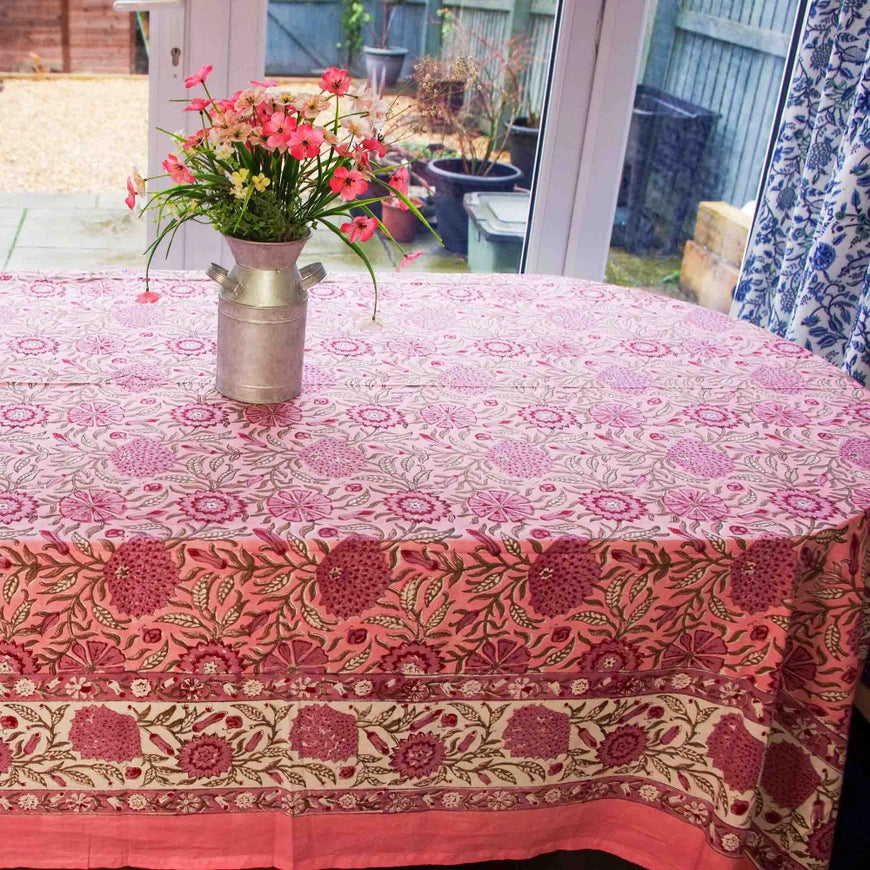 Tablecloth with floral pattern on a table outdoors