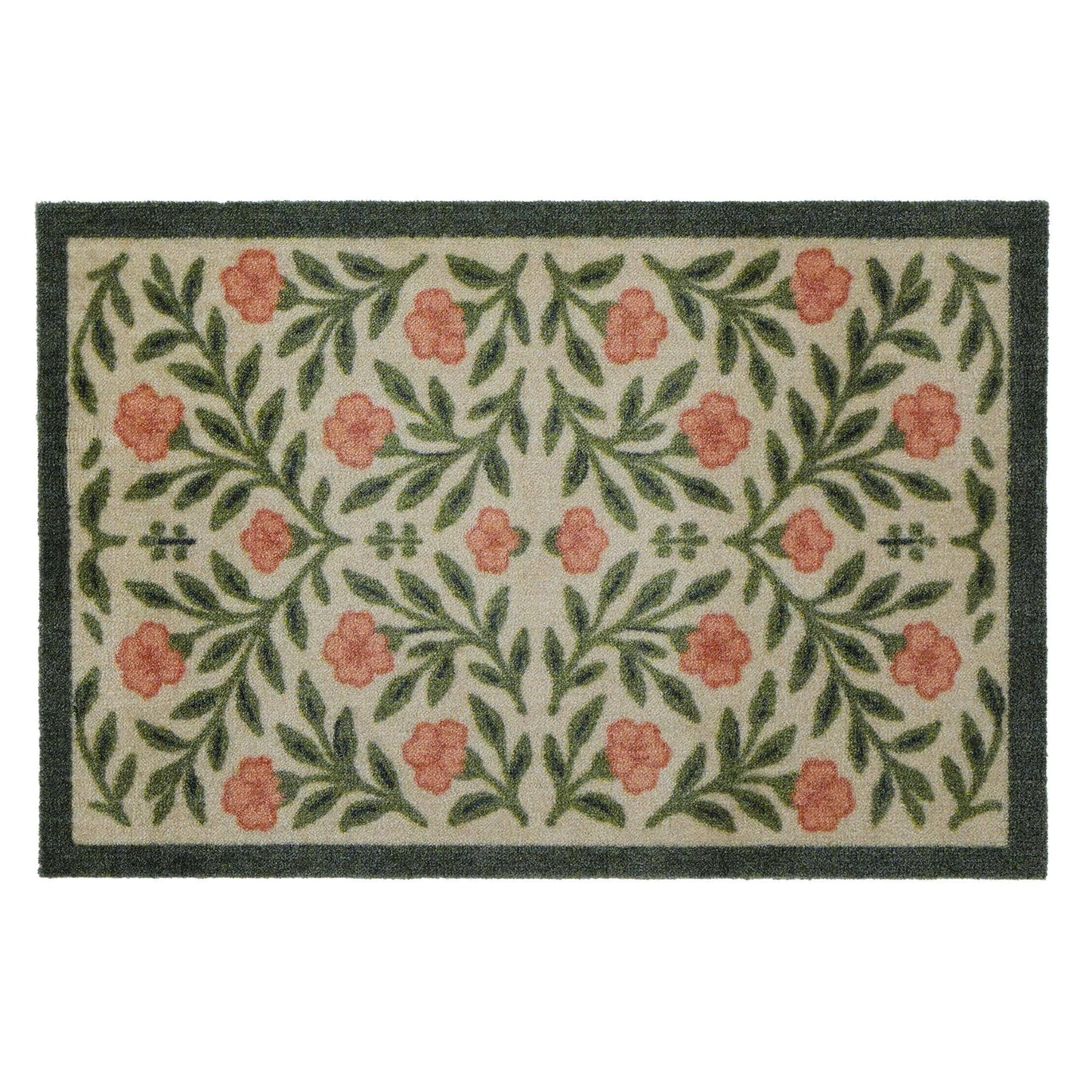 Floral patterned doormat with pink flowers and green leaves on a white background