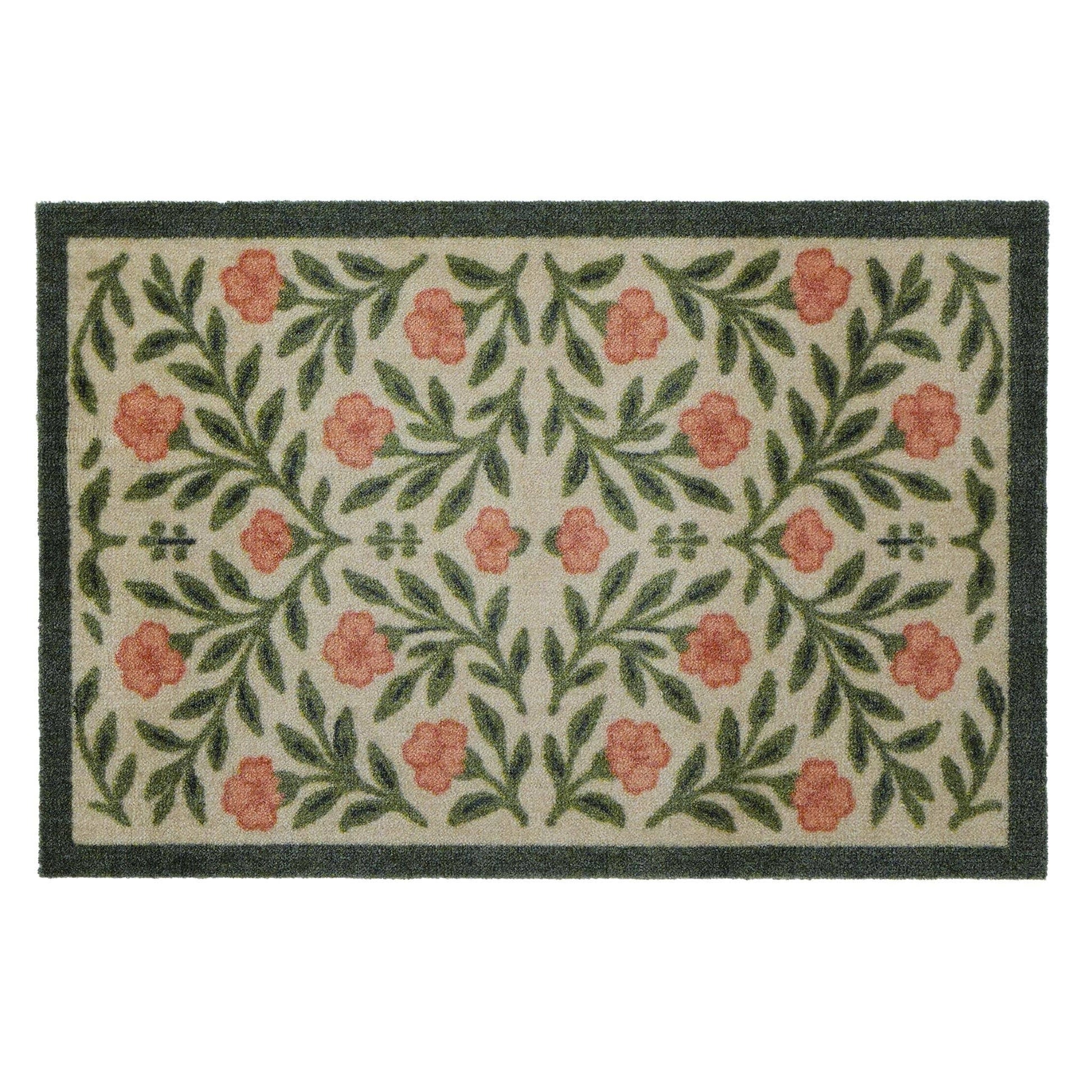 Floral patterned doormat with pink flowers and green leaves on a white background