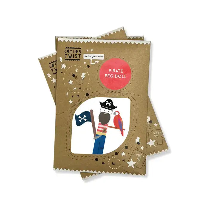 Pirate-themed peg doll set, featuring a cardboard cutout of a pirate with a parrot, trousers, and a hat. The package has a 'Cotton Twist' branding and indicates the product is for ages 3+.