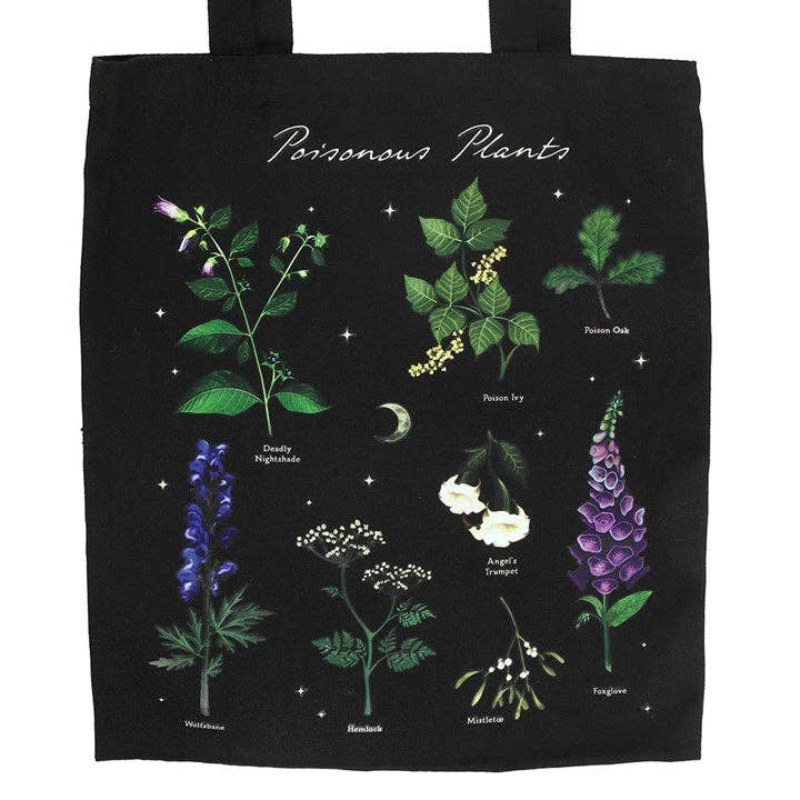 Black tote bag with illustrations of poisonous plants on a white background