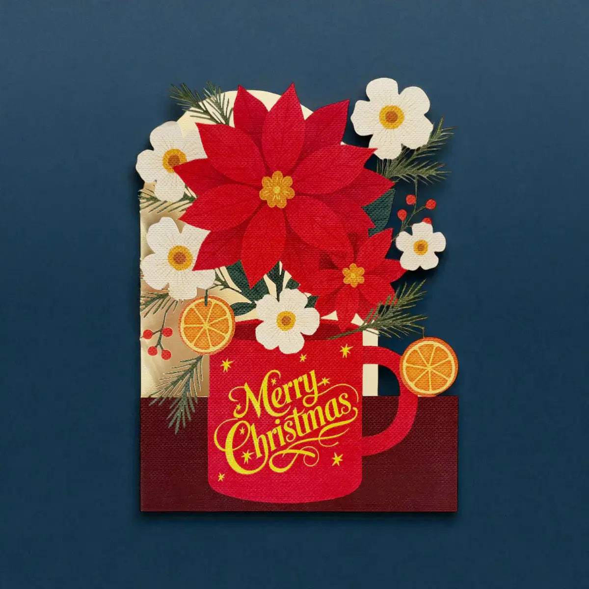 Card with a red mug and poinsettia flowers on a dark blue background