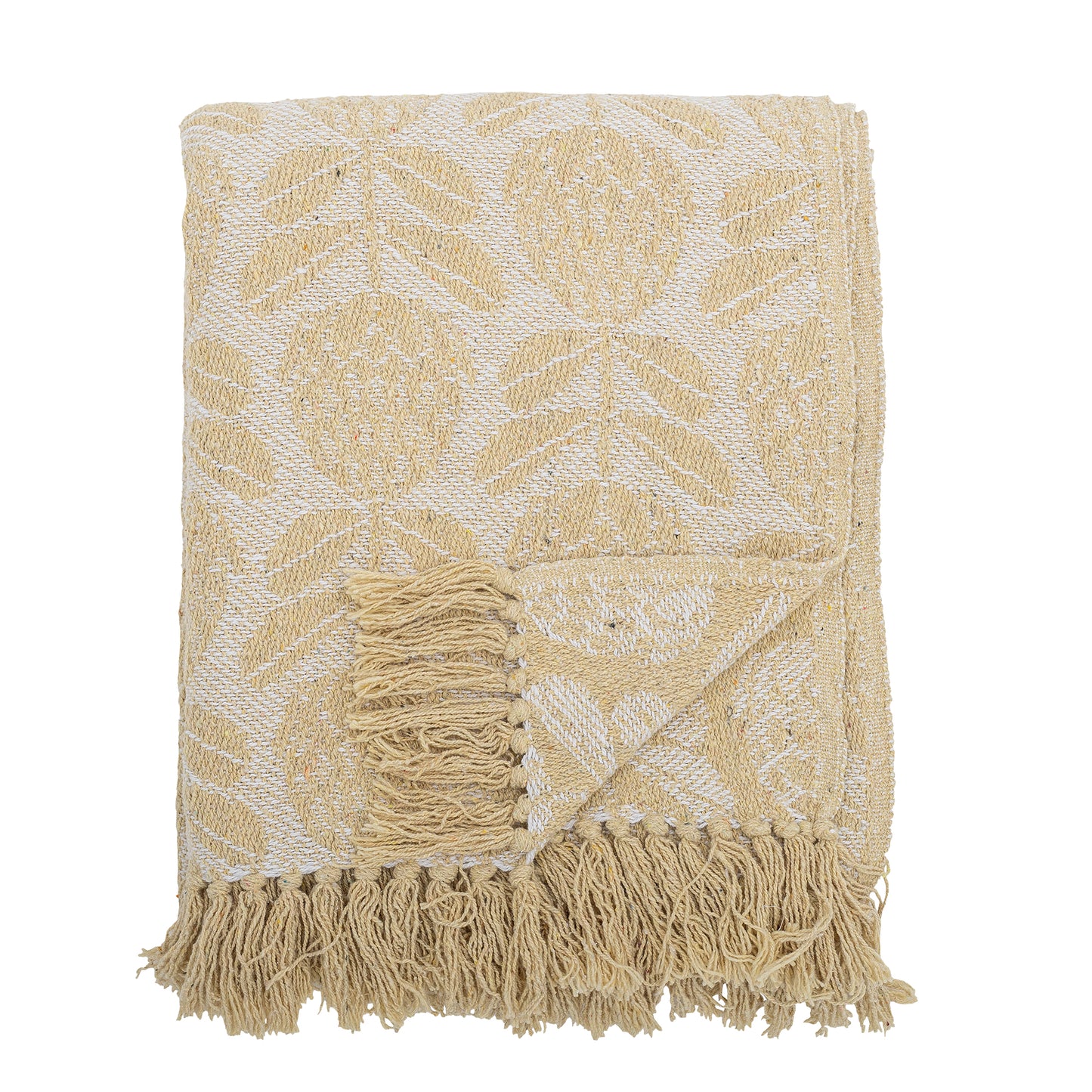 Beige and white patterned throw blanket with fringes on a white background