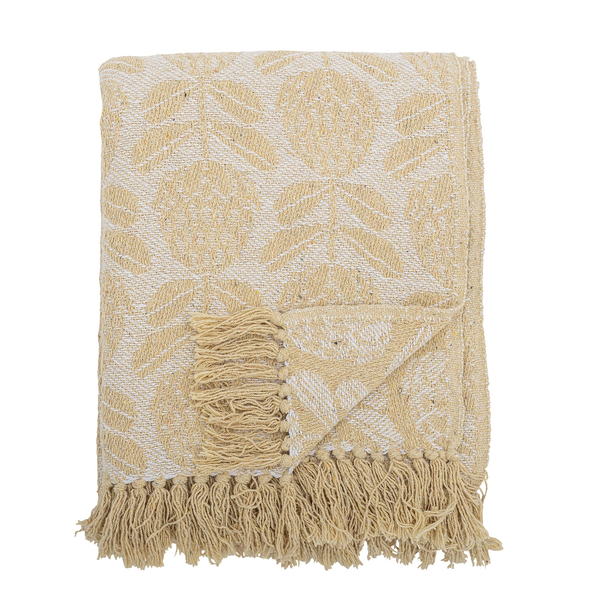 Beige and white patterned throw blanket with fringes on a white background