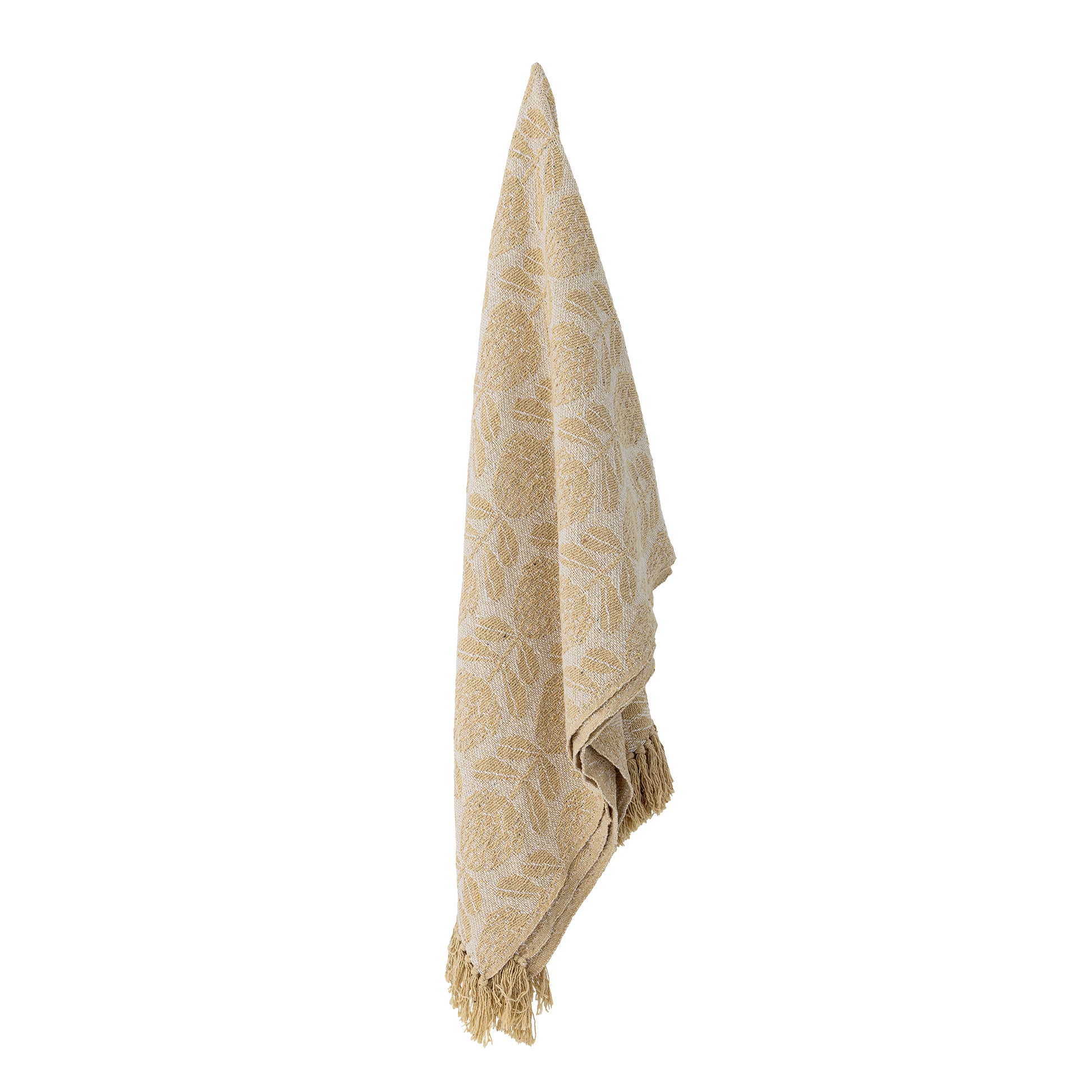 Beige throw with white pattern on a white background