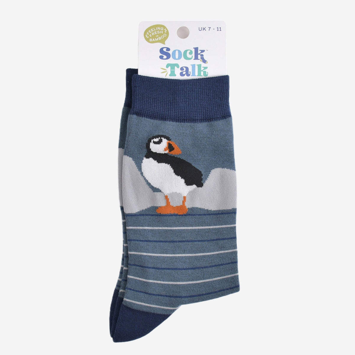 Sock with a puffin design on a white background