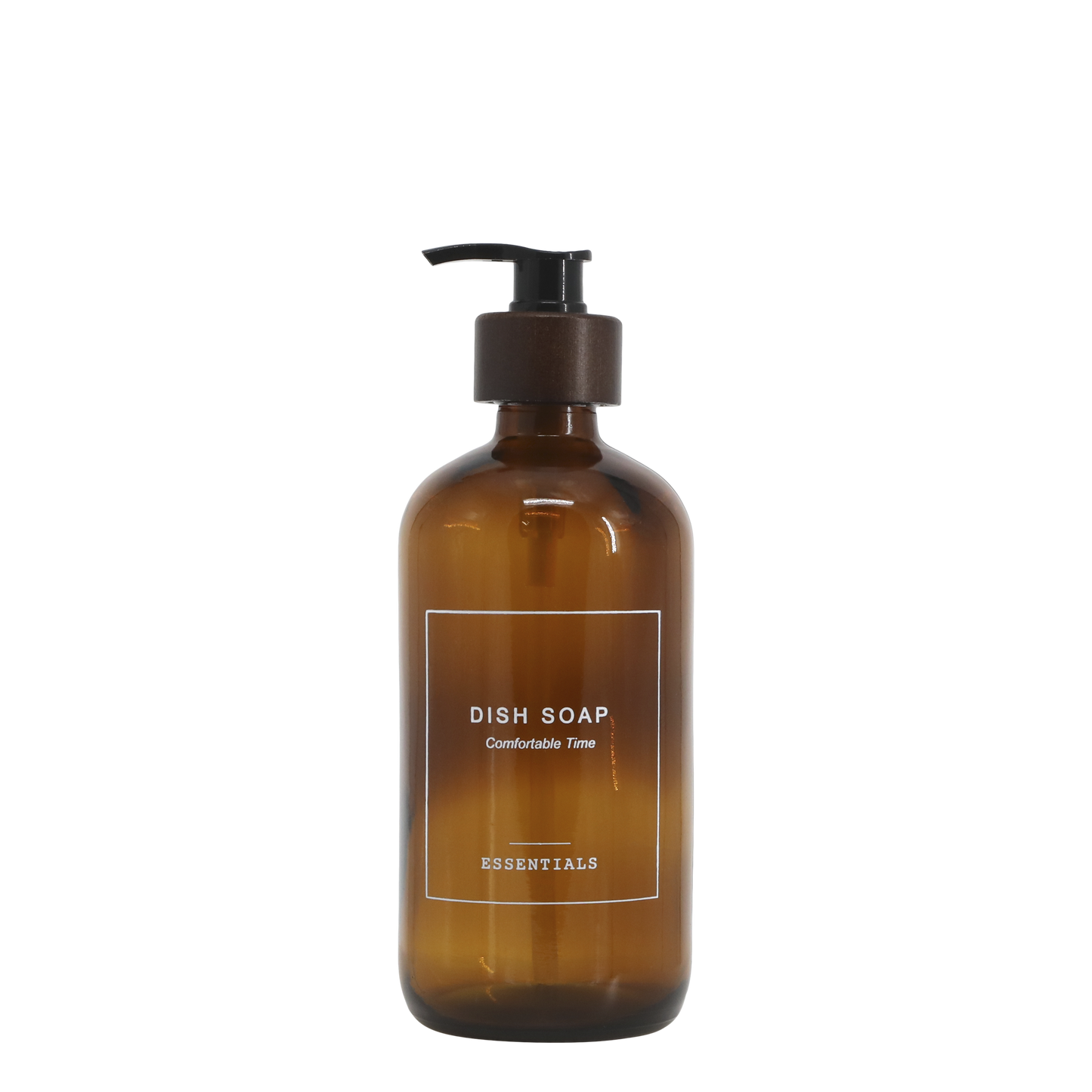 Brown dish soap bottle with pump on a white background