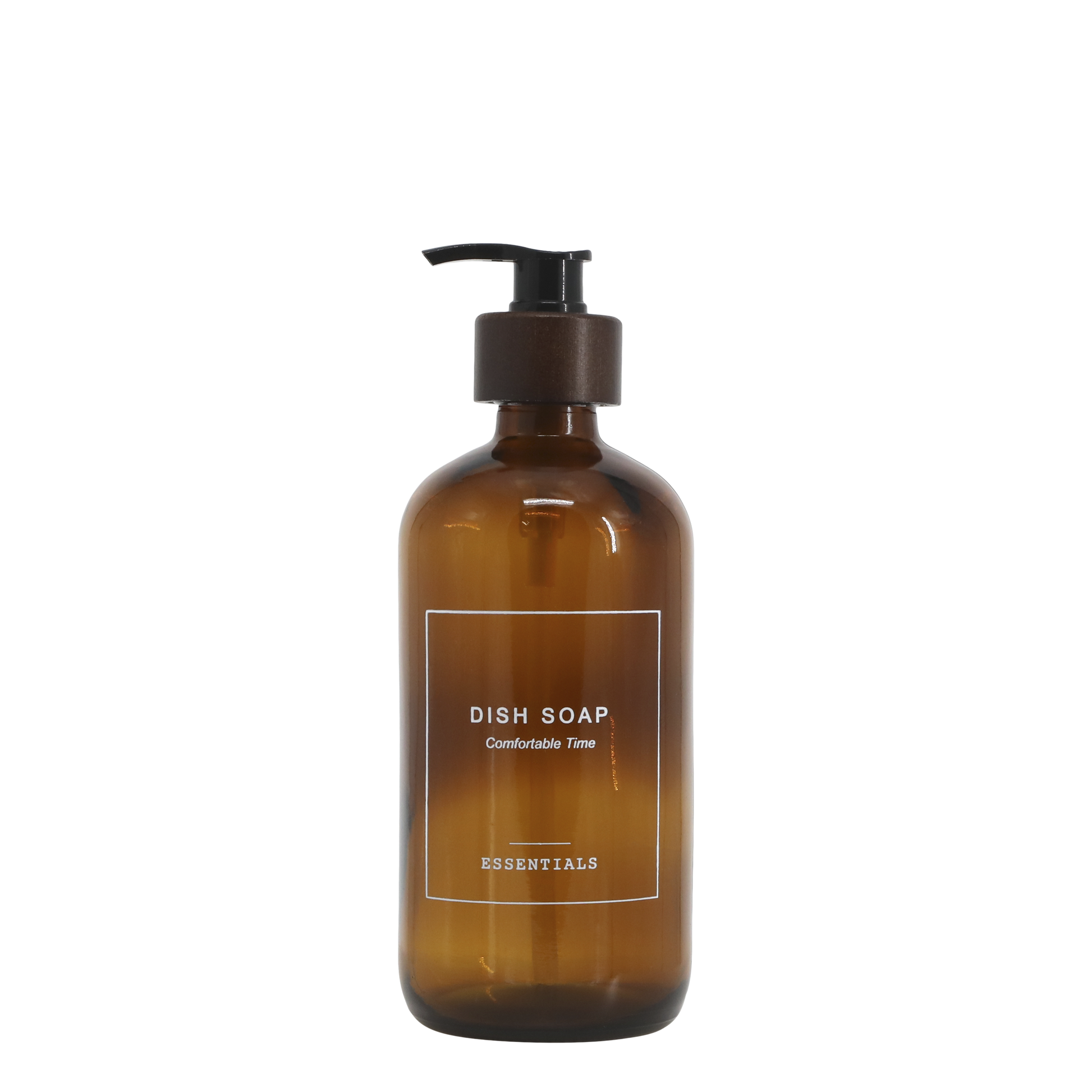 Brown dish soap bottle with pump on a white background