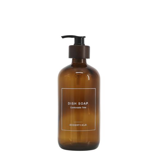 Brown dish soap bottle with pump on a white background