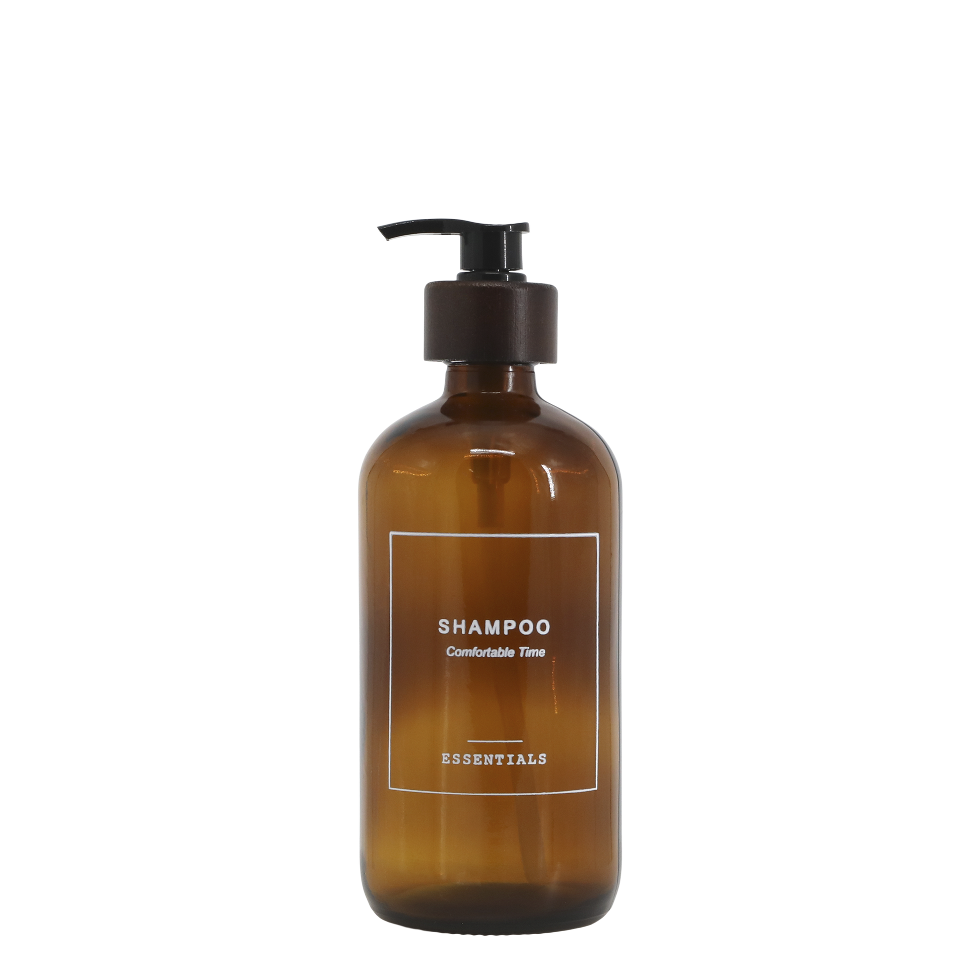 Brown shampoo bottle with pump on a white background