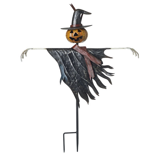 Halloween-themed scarecrow with pumpkin head on a white background