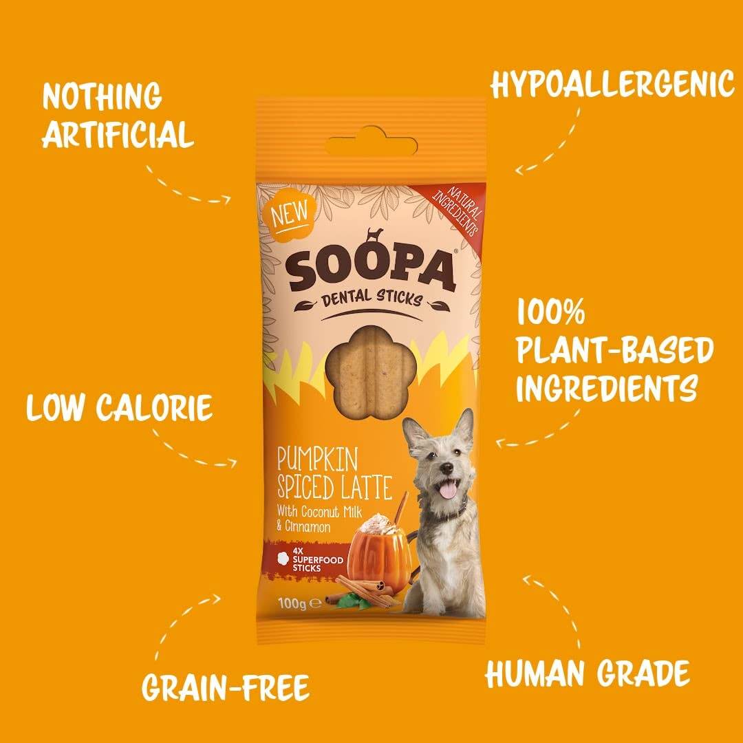 Packaging of Soopa Pumpkin Spiced Latte Dog Dental Sticks highlighting features such as low calories, hypoallergenic, and grain-free. The package is orange with an image of a dog and pumpkins.