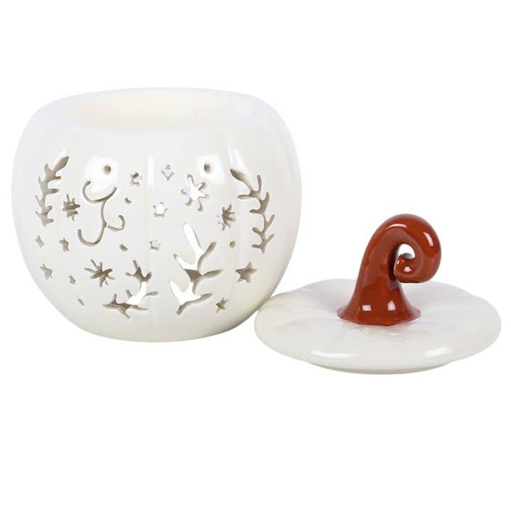 Cream Folk Pumpkin Halloween Oil Burner and Wax Warmer with lid off