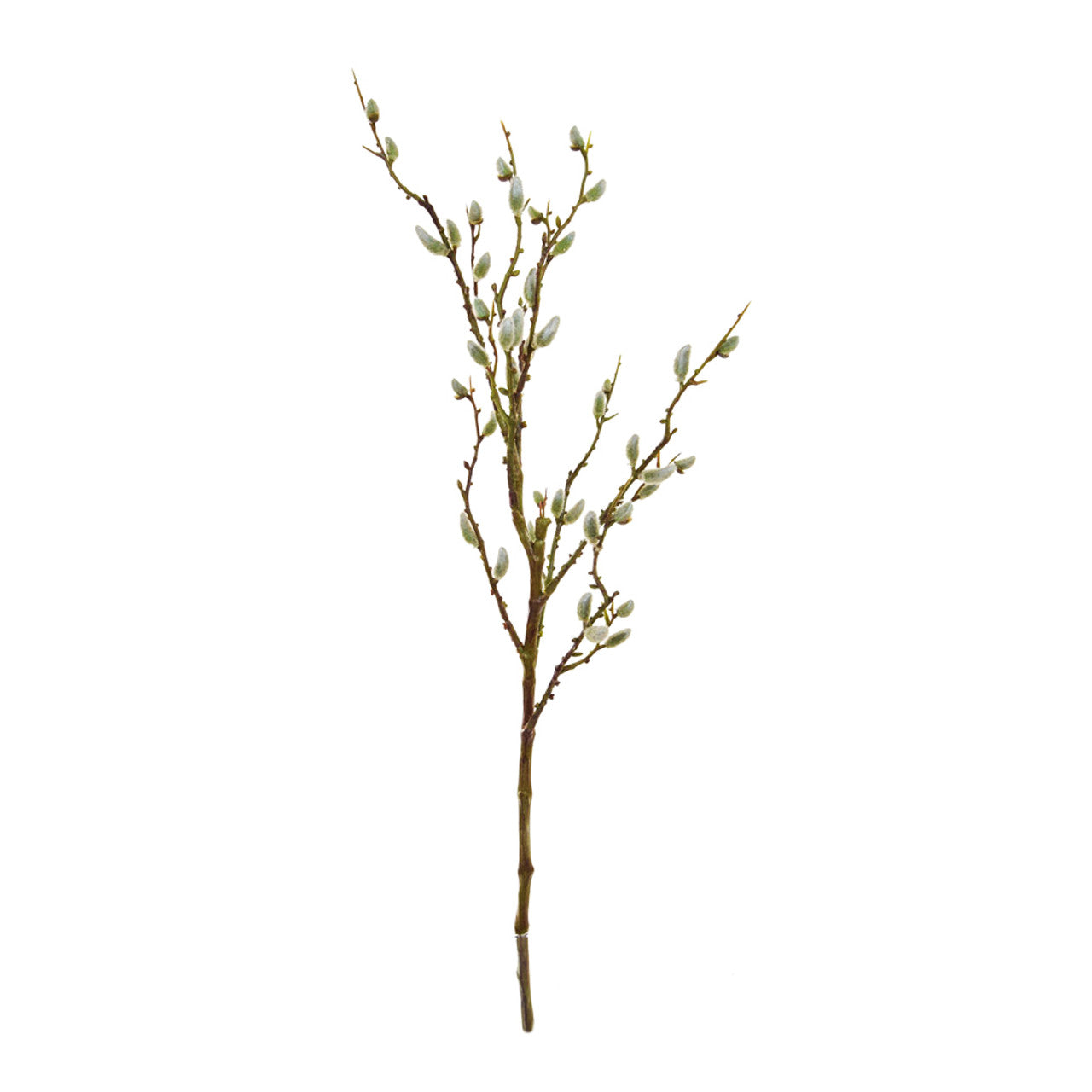 Artificial Spring Pussy Willow branch with green and brown stems and tiny white flower heads, 84cm in length.