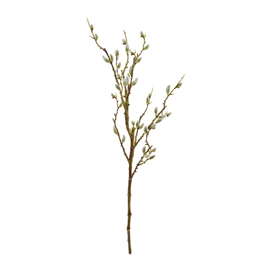 Artificial Spring Pussy Willow branch with green and brown stems and tiny white flower heads, 84cm in length.