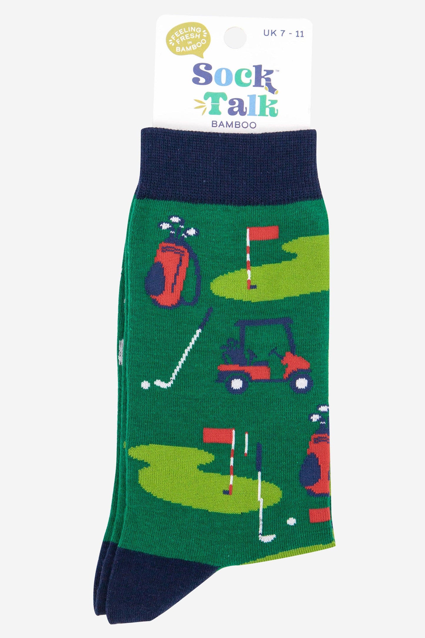 Golf-themed socks with packaging on a white background