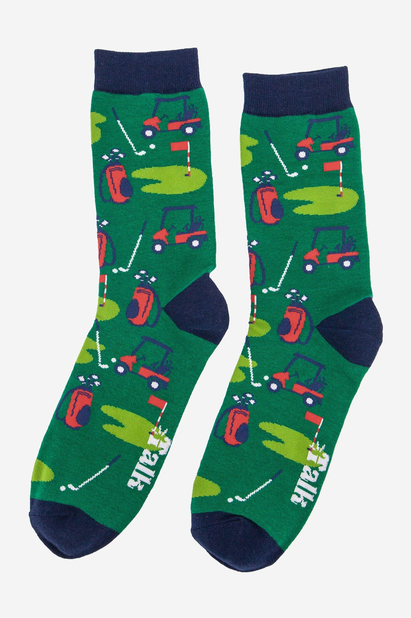 Green socks with golf-themed pattern on a white background