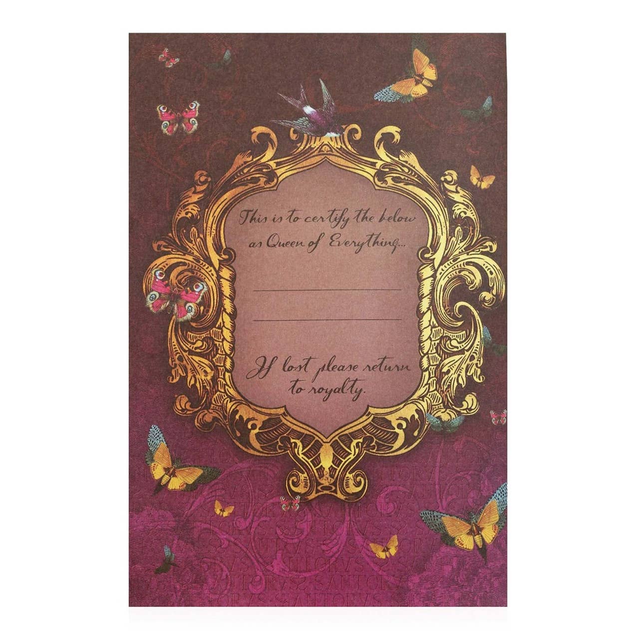 Decorative card with gold frame and butterfly designs on a purple background