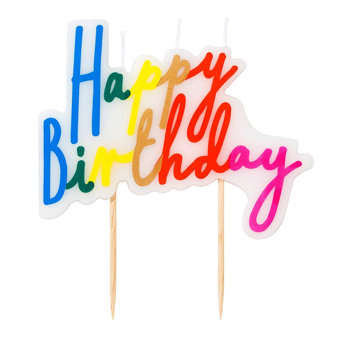Colorful 'Happy Birthday' cake topper on wooden sticks with a white background