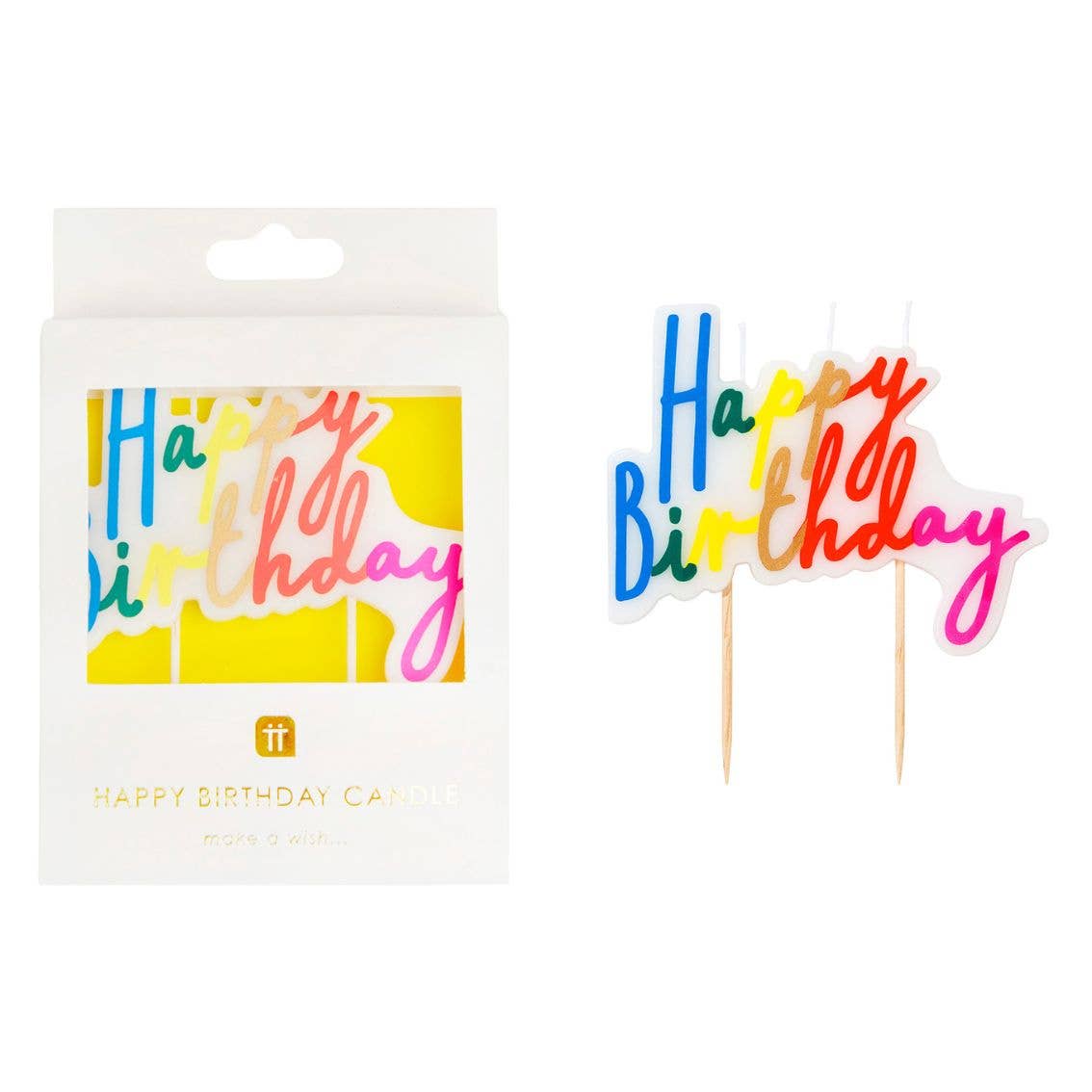 Colorful 'Happy Birthday' cake toppers with packaging on a white background